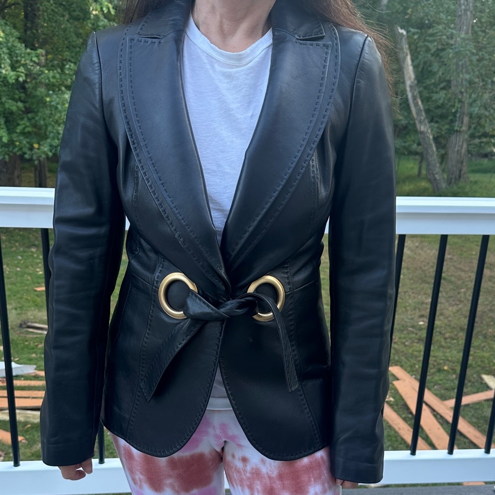 Escada Black Leather Jacket with Gold Accents - Picture 4 of 14